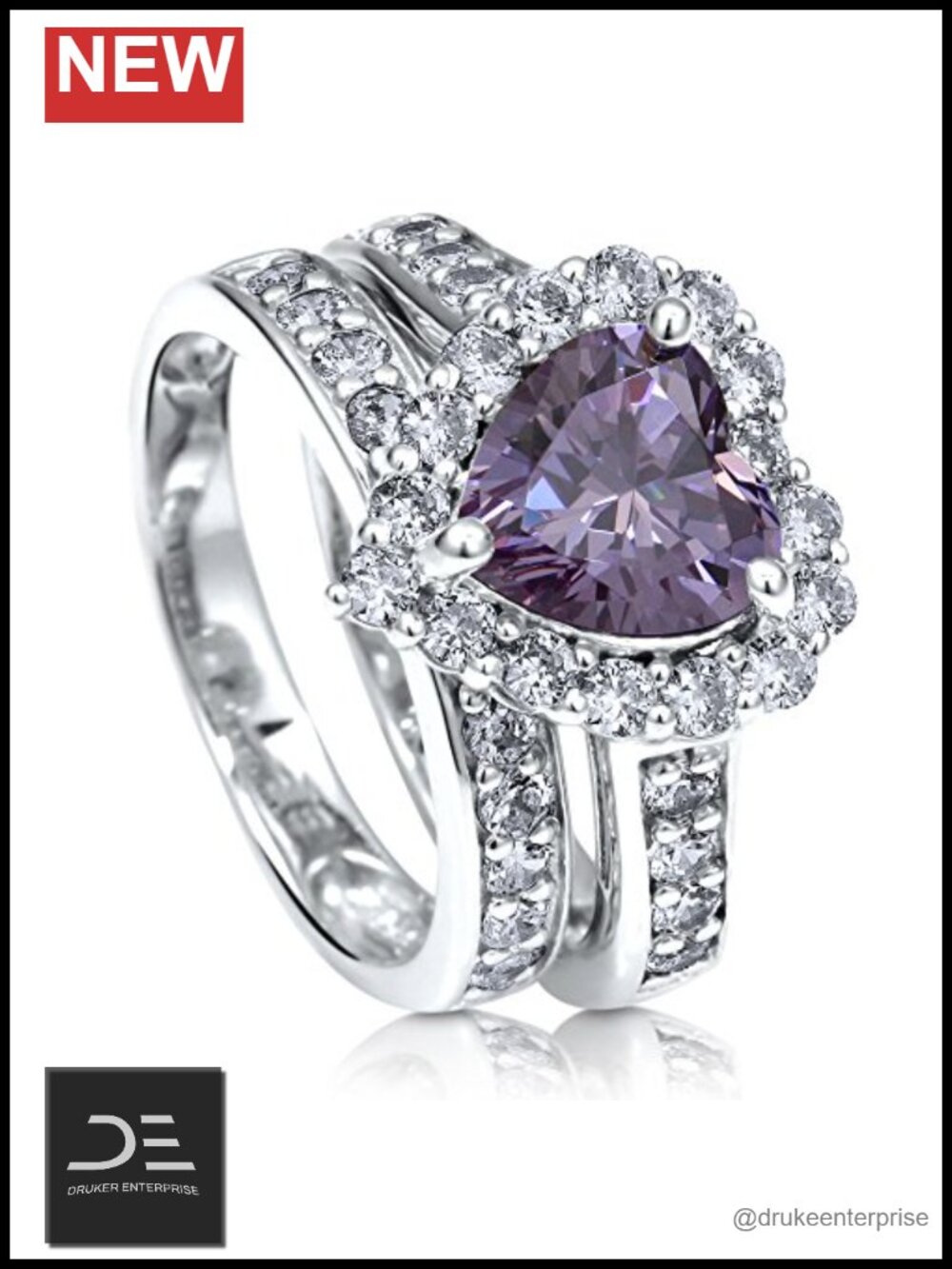 Sterling Silver CZ Halo Heart Wedding Engagement Ring Set